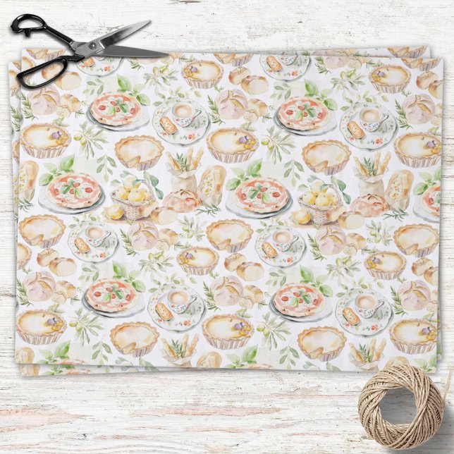Papier Mousseline Watercolor Mediterranean Food Pattern (In situ)
