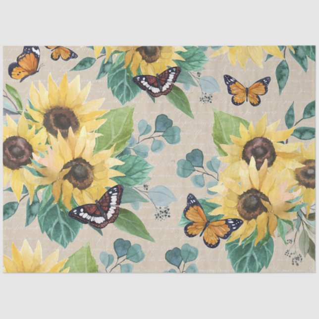 Papier Mousseline Watercolor Sunflowers and Butterflies Decoupage (Recto)