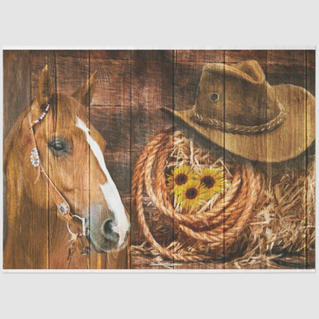 Papier Mousseline Western Horse Cowboy Casquette Lasso Rustic Barne (Recto)