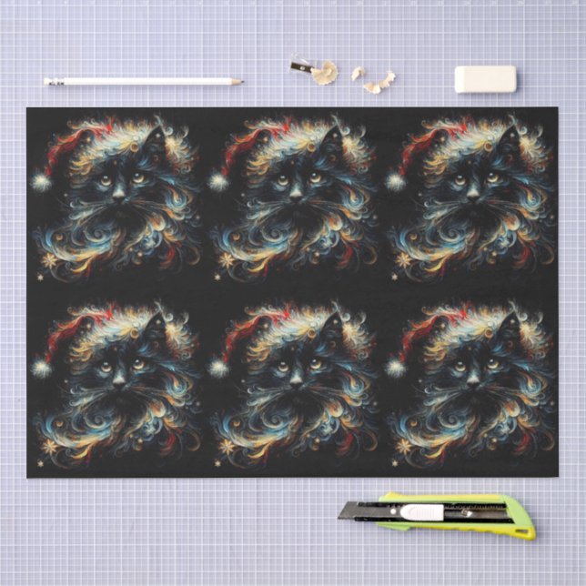Papier Mousseline Whimsical Black Cat Santa Christmas Hat Decoupage (Artisanat)