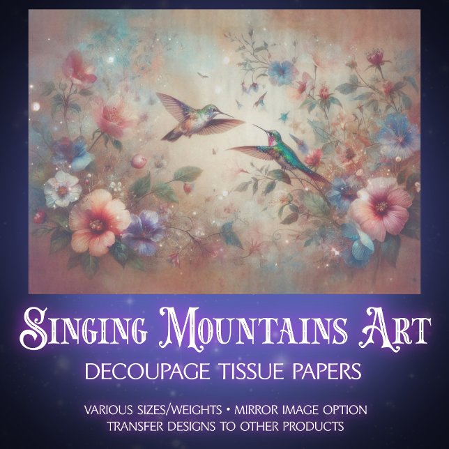 Papier Mousseline Whimsical Boho Hummingbirds & Flowers Decoupage (Créateur téléchargé)