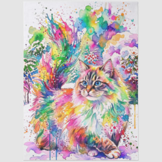 Papier Mousseline Whimsical Rainbow Watercolor Fluffy Cat in Winter 