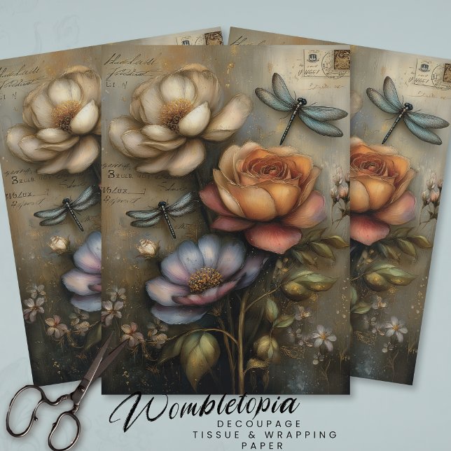 Papier Mousseline Whimsical Rose & Dragonfly Ephemera Decoupage  (Créateur téléchargé)