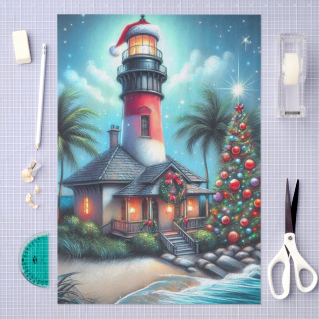 Papier Mousseline Whimsical Tropical Christmas Lighthouse Decoupage (Artisanat)
