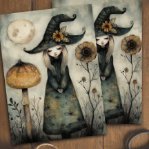 Whimsical Vintage Floral Witch Halloween Découpage