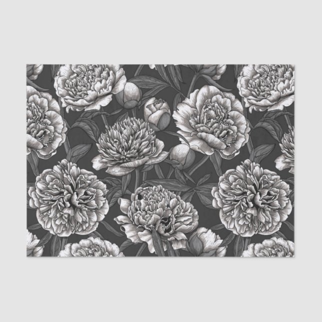 Papier Mousseline White peony flowers on dark gray (Recto)