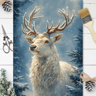 Papier Mousseline White Stag Portrait Mysical Winter Art Decoupage
