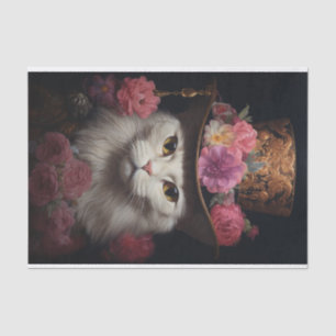 Papier Mousseline White Steampunk Cat, Roses, Decoupage