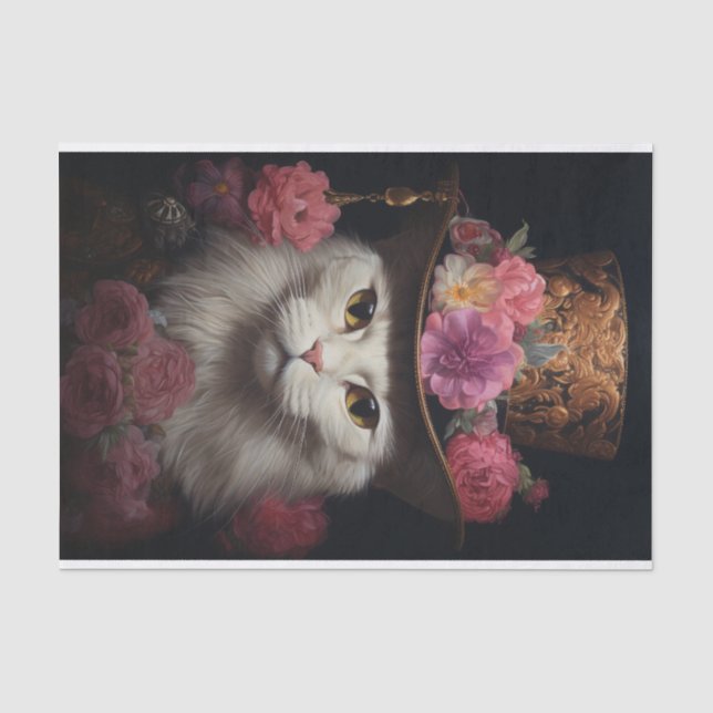 Papier Mousseline White Steampunk Cat, Roses, Decoupage (Recto)