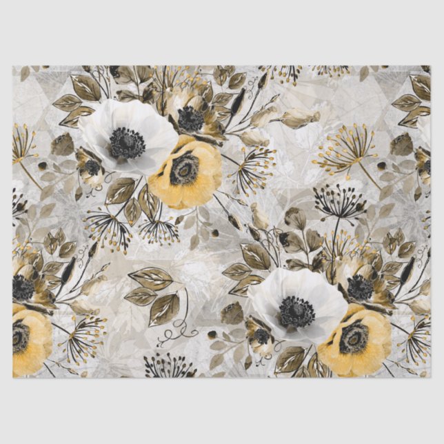 Papier Mousseline White, yellow anemones on a gray-brown background. (Recto)