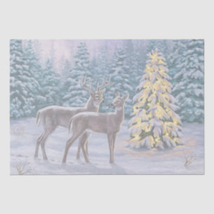 Papier Mousseline Whitetail Deer & Christmas Tree Scene hivernale