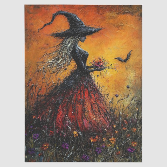 Papier Mousseline Wicked Witch in Red with Her Bat Decoupage (Recto)