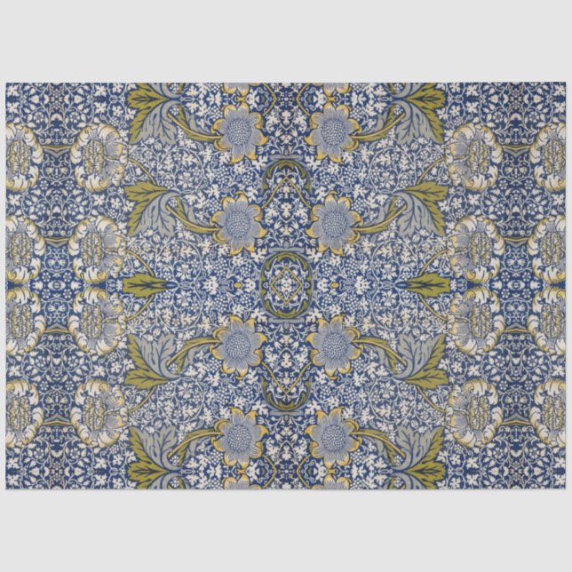 Papier Mousseline William Morris Kennet Bleu Blanc Floral Découpage (Recto)