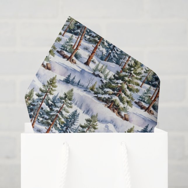 Papier Mousseline Winter Pine Trees in Watercolor  (Sac cadeau)