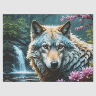 Papier Mousseline Wolf debout dans la rivière avec des fleurs