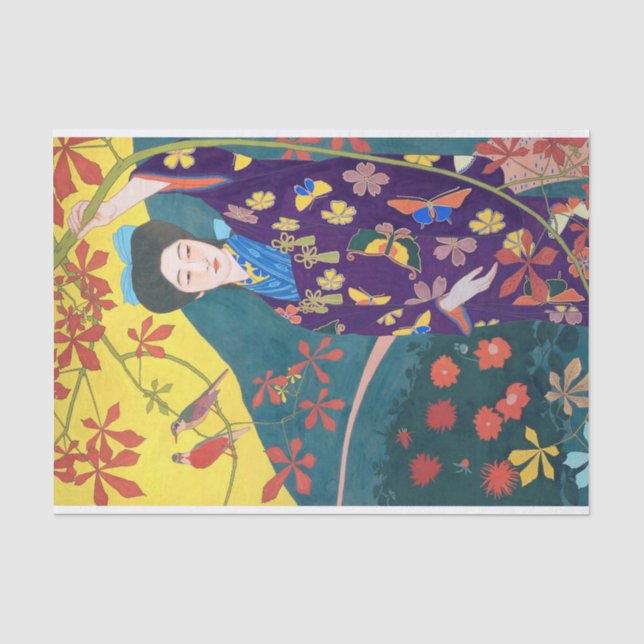 Papier Mousseline Woman in the Flower Garden, Goyō Hashiguchi (Recto)
