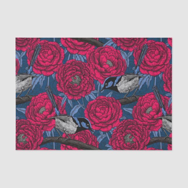 Papier Mousseline Wrens in the peonies (Recto)