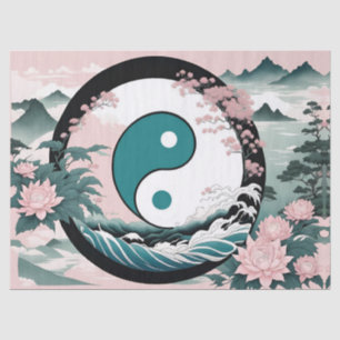 Papier Mousseline Yin Yang, Floral Montagne Rose Sage Turquoise