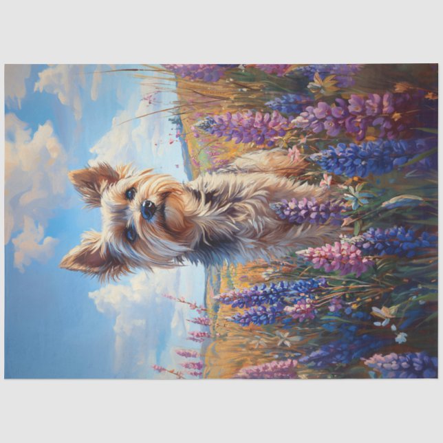 Papier Mousseline Yorkie Terrier Purple Lupine Fleurs Découpage (Recto)