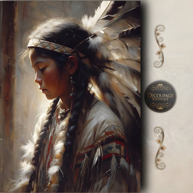 Papier Mousseline Young Native Girl Feather Headdress Decoupage (Young Native Girl Feather Headdress Decoupage Tissue Paper)