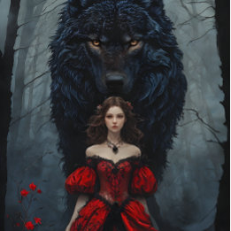 Papier Mousseline Young Woman In Red Gown With Black Wolf Guardian