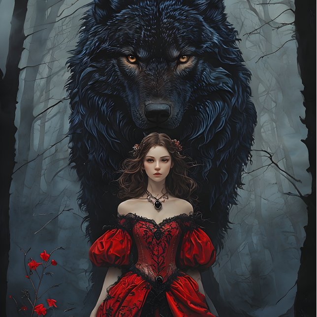 Papier Mousseline Young Woman In Red Gown With Black Wolf Guardian (Créateur téléchargé)