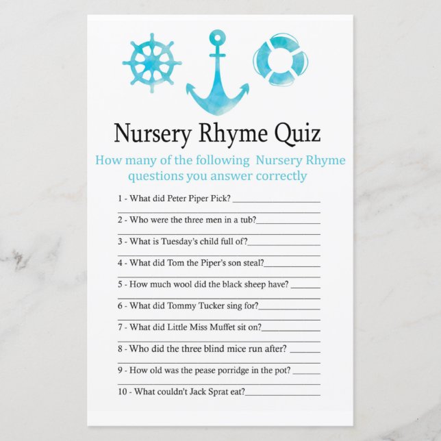 Papier Nautical Ancre Nursery Rhyme Quiz bébé showergame (Devant)