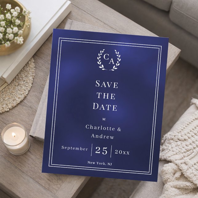 Papier Navy blue monogram wedding Save the Date card (Créateur téléchargé)