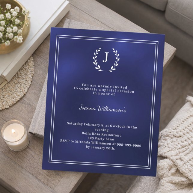 Papier Navy blue monogram wreath age-neutral invitation (Créateur téléchargé)