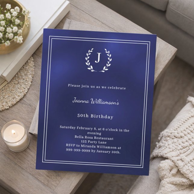 Papier Navy blue monogram wreath birthday invitation (Créateur téléchargé)