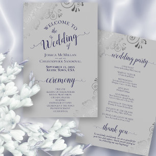 Papier Navy Blue Silver Lace Budget Gray Wedding Program