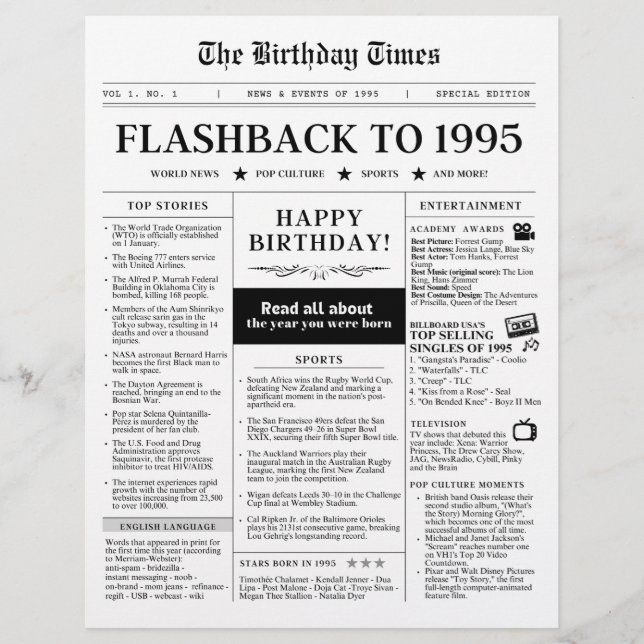 Papier Né en 1995 Faux journal noir et blanc (Devant)