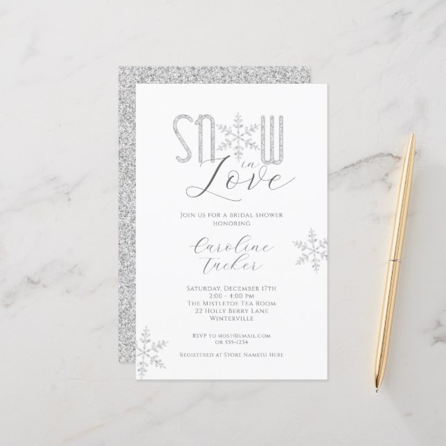 Papier Neige dans l'amour Silver Douche nuptiale Invitati (Devant/Arrière en situation)