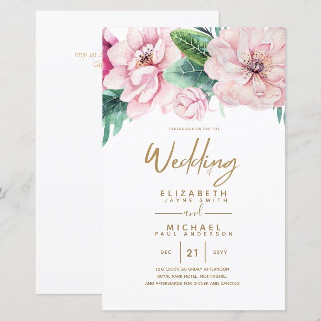 Papier Netork Mariage à faible budget rose Invitations fl (Devant / Derrière)