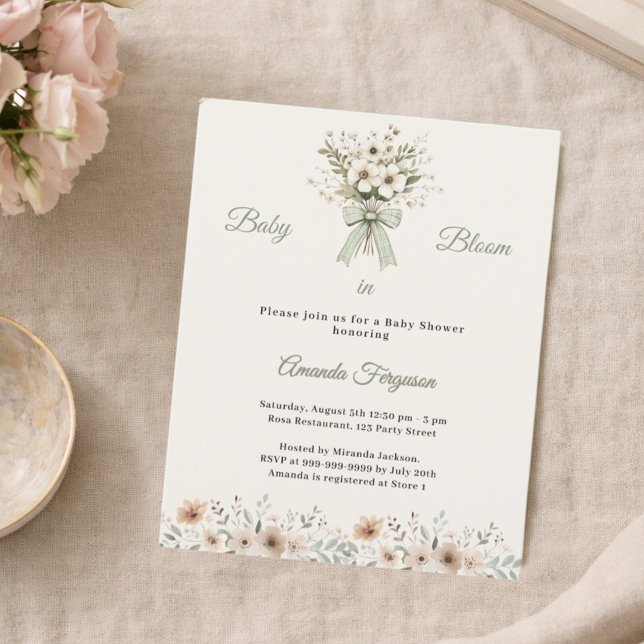 Papier Neutral florals green bloom Baby Shower invitation (Créateur téléchargé)