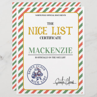 Papier Nice List Certificate Signed by Santa Personalized