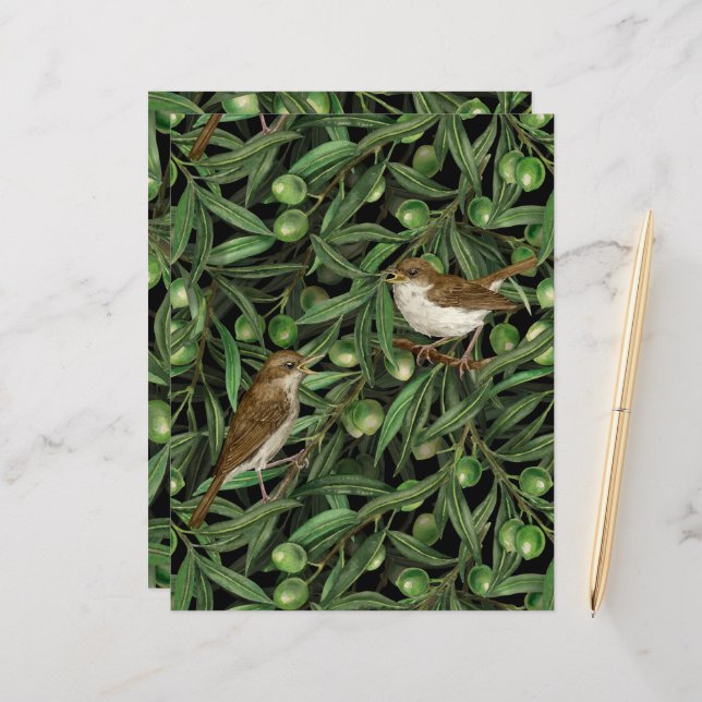 Papier Nightingales dans l'olivier 3 (Devant/Arrière en situation)