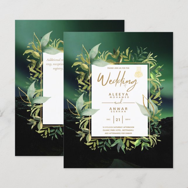 Papier NIKAH - Emerald Green Gold Mariage ISLAMIQUE Invit (Devant / Derrière)