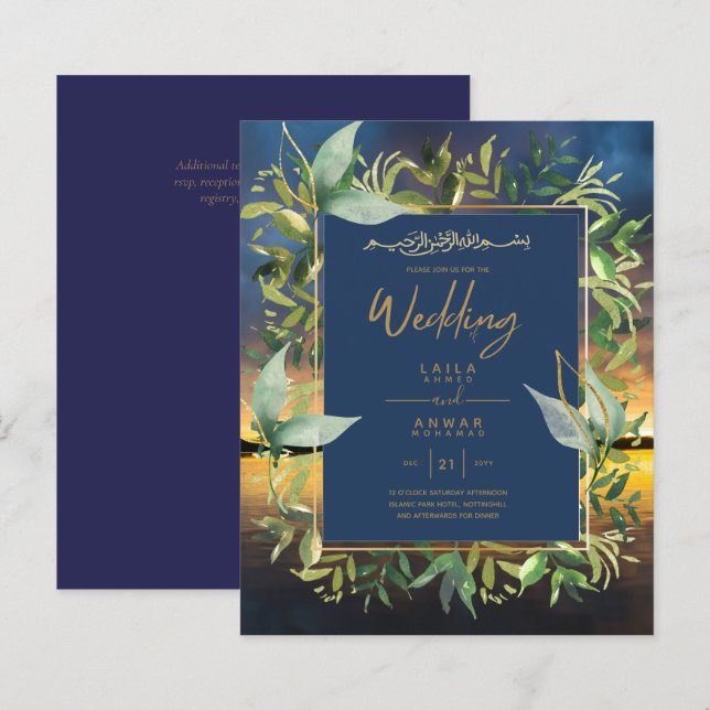 Papier NIKAH - Invitations de mariage islamique d'or bleu (Devant / Derrière)