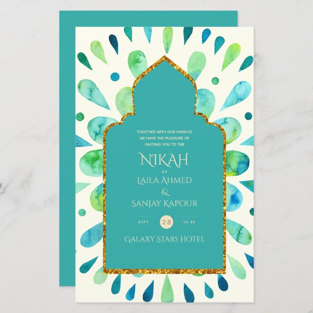 Papier NIKAH - Mariage d'or moderne Mandala Turquoise Inv (Devant / Derrière)