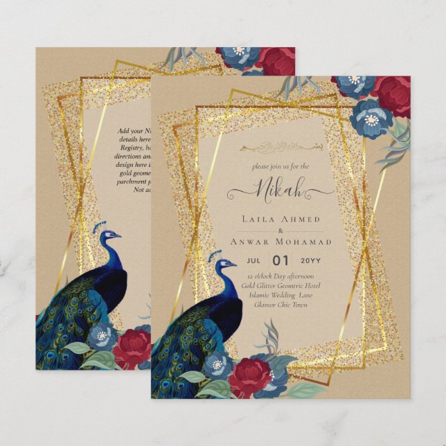 Papier NIKAH Peacock Floral Gold Frame Mariage islamique (Devant / Derrière)