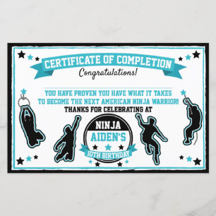 Papier Ninja Warrior Boys Party Certificat d'achèvement