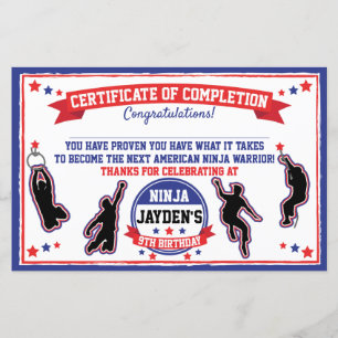 Papier Ninja Warrior Boys Party Certificat d'achèvement
