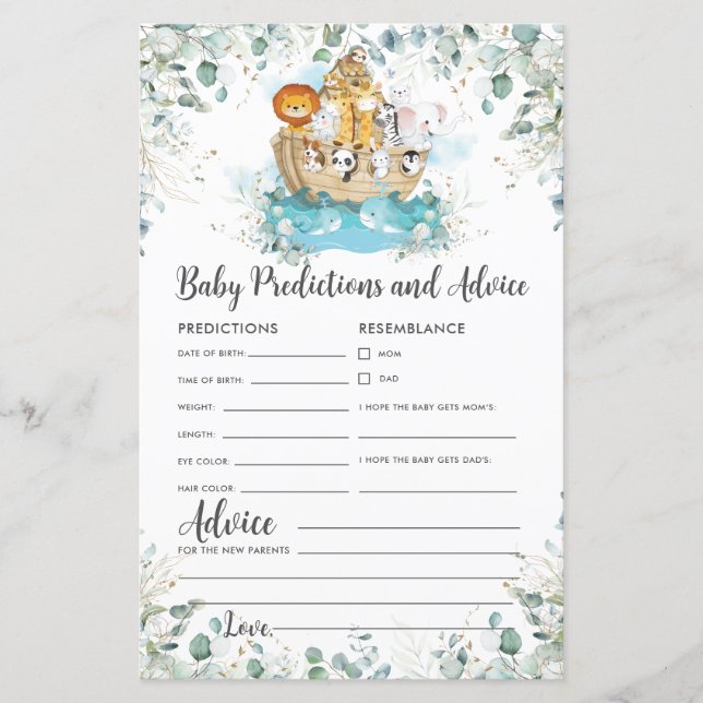Papier Noah's Ark Greenery Baby Prédictions et conseils (Devant)