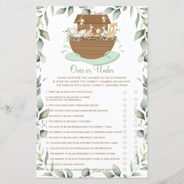 Papier Noah's Ark Greenery Over or Under Baby shower Game (Devant)