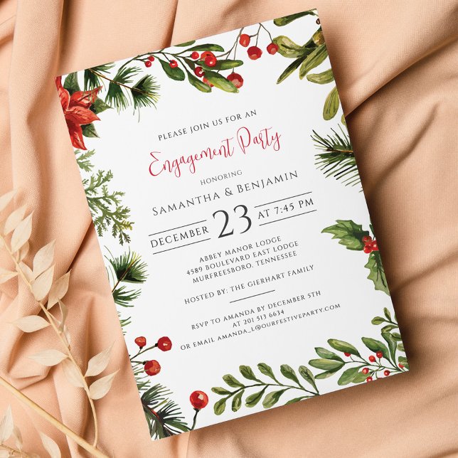 Papier Noël Engagement Fête de la verdure Invitation (Christmas Engagement Party Botanical Greenery Berries Invitation)