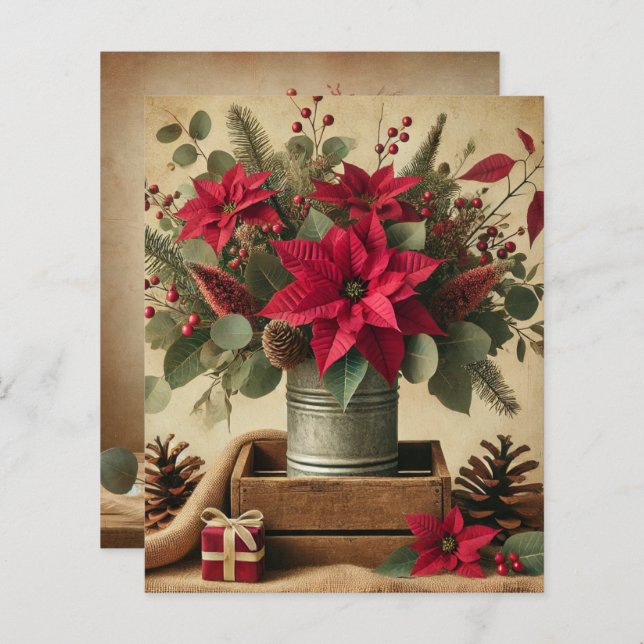 Papier Noël rustique vintage avec poinsettia en scrapbook (Devant / Derrière)
