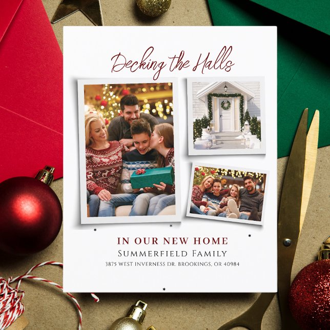 Papier Noël Vacances Nous avons déménagé Faire-part (Decking New Halls Christmas Family Photo Collage Moving Announcement)