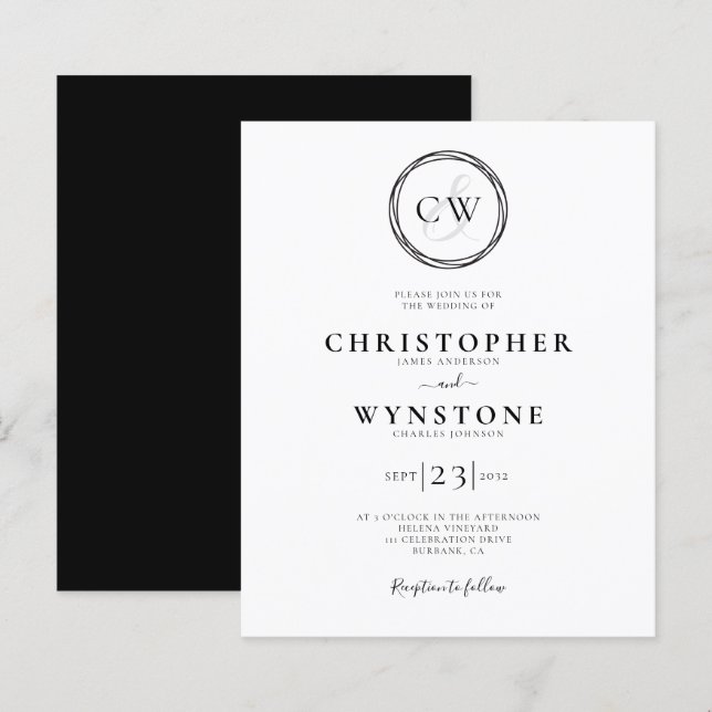 Papier Noir Blanc Monogramme Faire-part de mariage Gay (Devant / Derrière)