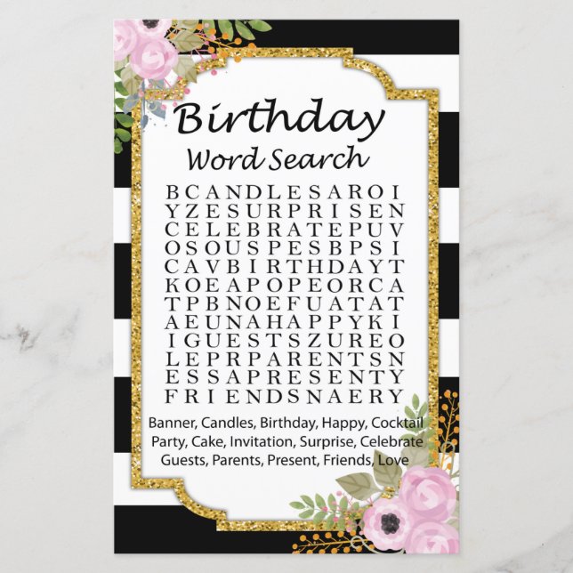 Papier Noir blanc rayé Anniversaire mot jeu de recherche (Devant)